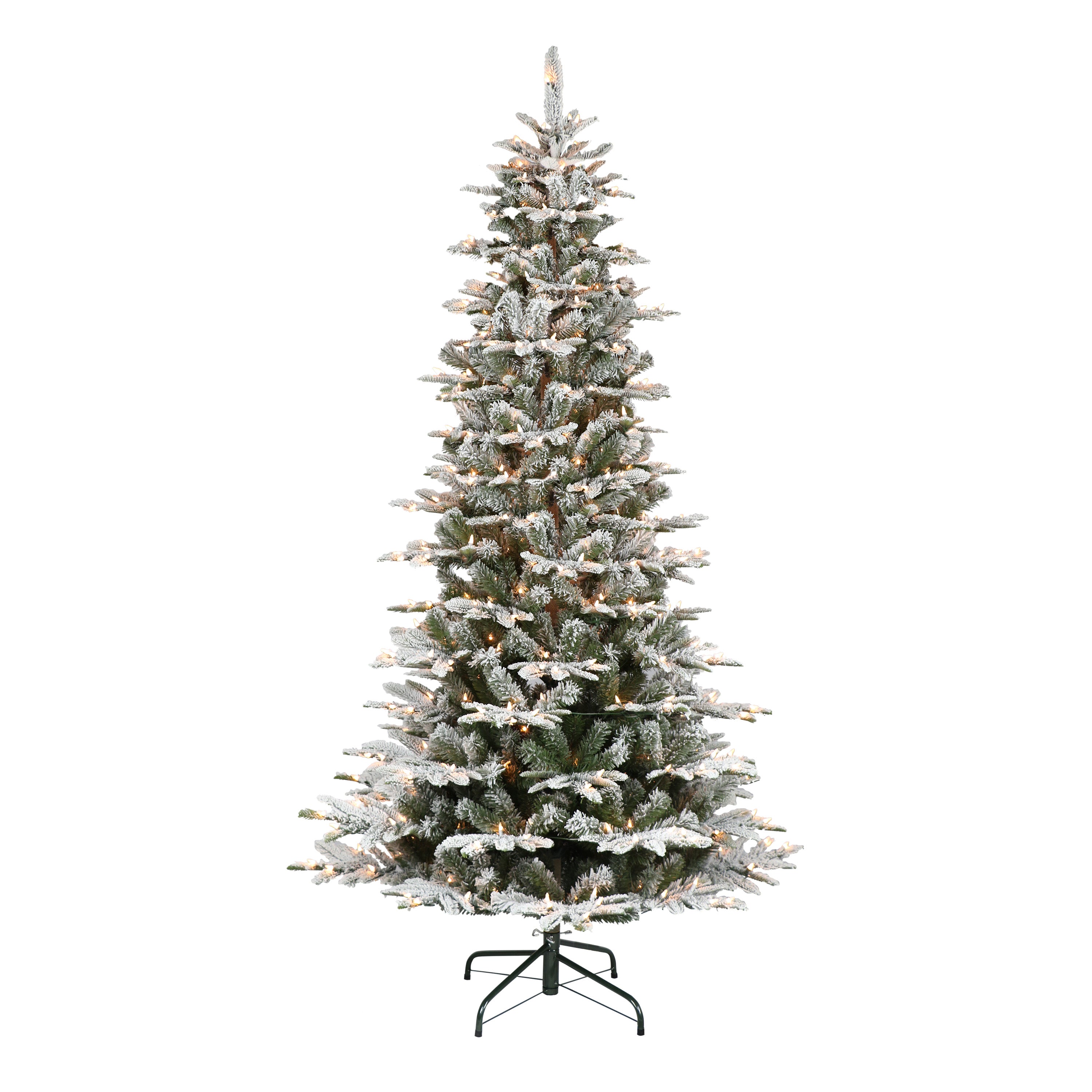 7.5 ft Pre-Lit Slim Flocked Aspen Fir Artificial Christmas Tree with 450 UL Clear Lights Metal Stand Green APGSLFA-75C45